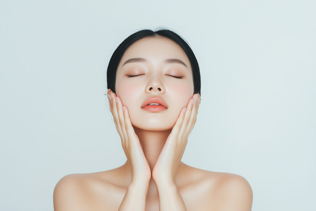 頬に両手をあてて目を閉じている女性