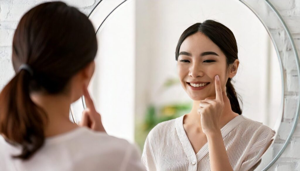 鏡の前で指を頬にあてている笑顔の女性