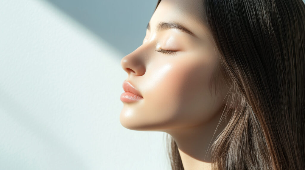 目を閉じている横顔の女性